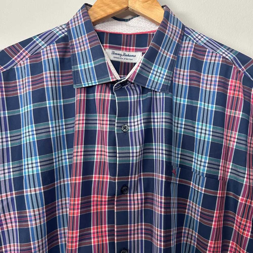 Tommy Bahama Shirt Mens XL Blue Pink Plaid Sarasota Stretch Coolmax Button Down